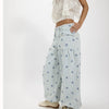 Free People lotus embroidered railroad stripe balloon jeans, styled with lace top