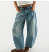 Free People Lucky You barrel jeans in stonewashed light blue denim, front view