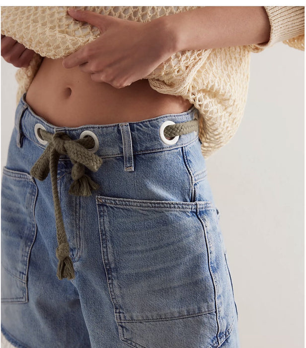 Free People Moxie low slung jeans, eyelet waist and drawstring tie detail