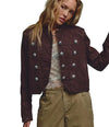 Free People Ryland military band jacket in burgundy, styled with khaki pants