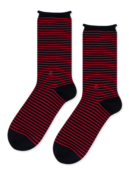 Red and navy striped socks on a white background