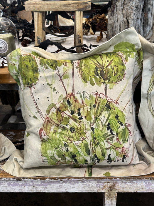 Helen Gunnersen hand painted linen cushion, agapanthus design
