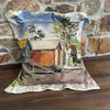 Helen Gunnersen hand painted linen cushion, boatsheds design