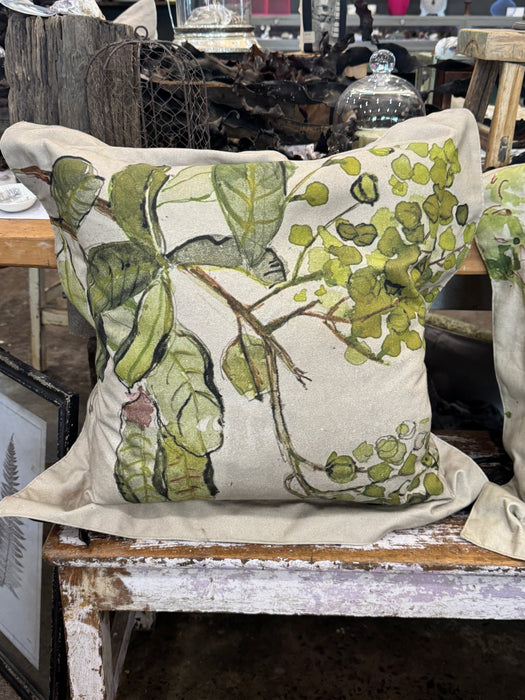 Helen Gunnersen hand painted linen cushion, botanical leaves design, alternate view