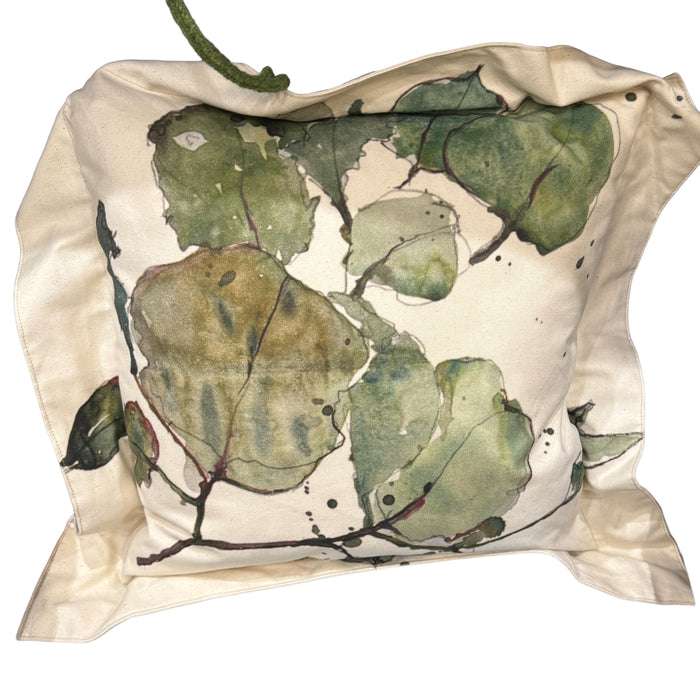 Helen Gunnersen hand painted linen cushion, botanical leaves design