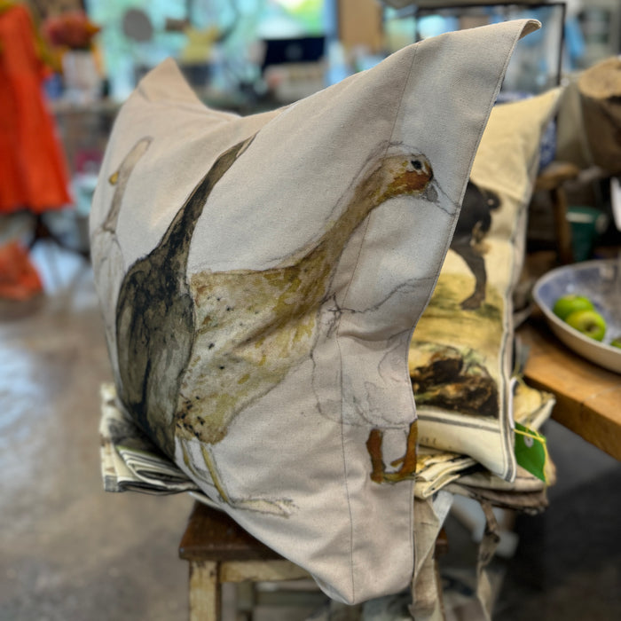 Helen Gunnersen hand painted linen cushion, ducks design, alternate view