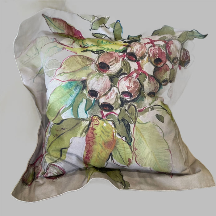Helen Gunnersen hand painted linen cushion, gumnuts design