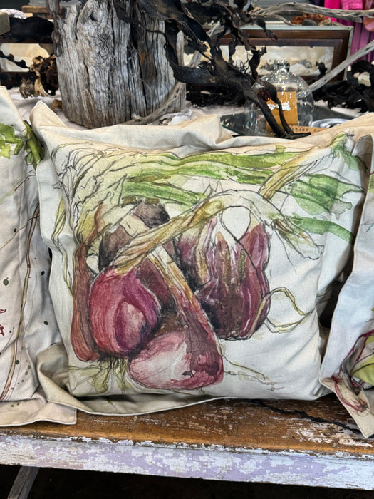 Helen Gunnersen hand painted linen cushion, onions design
