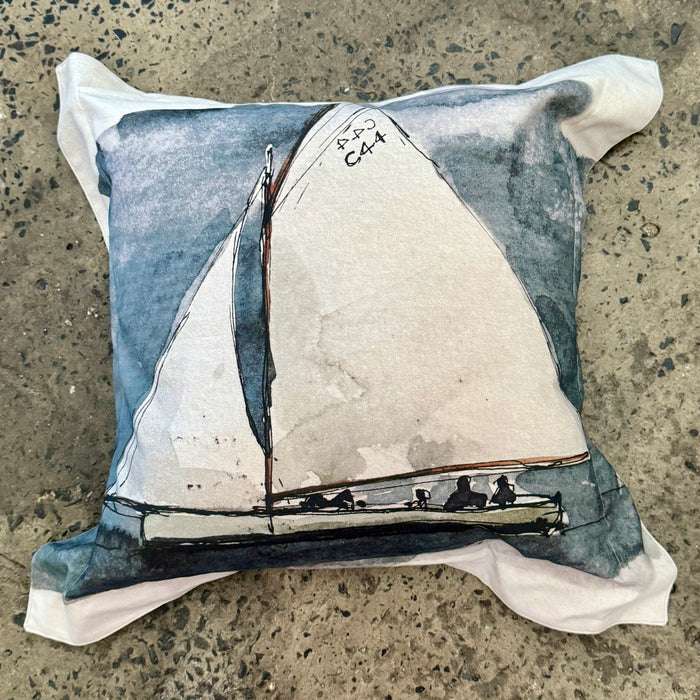 Helen Gunnersen hand painted linen cushion, sailing the Couta design