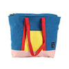Immodest Cotton small zippered canvas tote lunch bag in primary colours, blue, yellow and pink with red handles