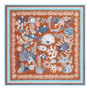 Inouitoosh Neptune cotton and silk square scarf in golden brown, sea life print with fish and shells, laid flat