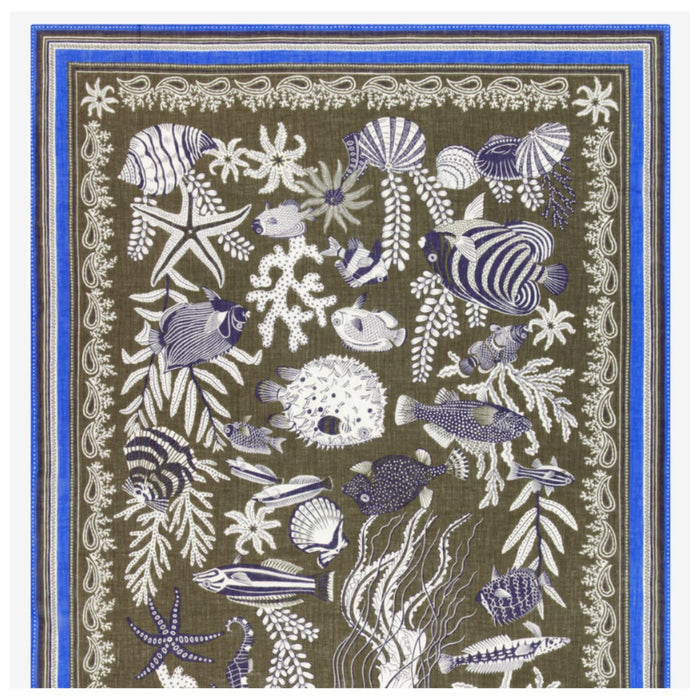 Inouitoosh Neptune cotton and silk square scarf in khaki, sea life print of fish, coral and shells