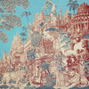 Detail of the Inouitoosh Piranesi scarf print, classical ruins, palms and animals in red and blue on aqua