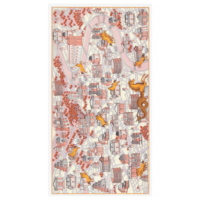 Inouitoosh Rome cotton and silk scarf in powder pink, Roman architecture print with the Colosseum, laid flat