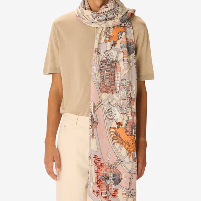 Inouitoosh Rome long cotton and silk scarf in powder pink, worn loose with a beige tee