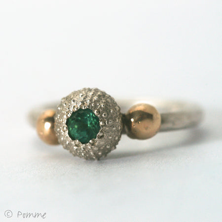 Kate Macindoe silver and gold urchin ring with pale aqua blue tourmaline
