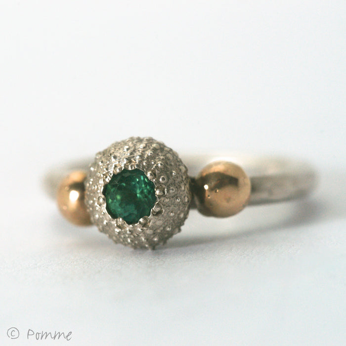 Kate Macindoe silver and gold urchin ring with pale aqua blue tourmaline
