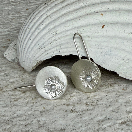 Katheryn Leopoldseder vintage flower stamp earrings in grey pearl, alternate view
