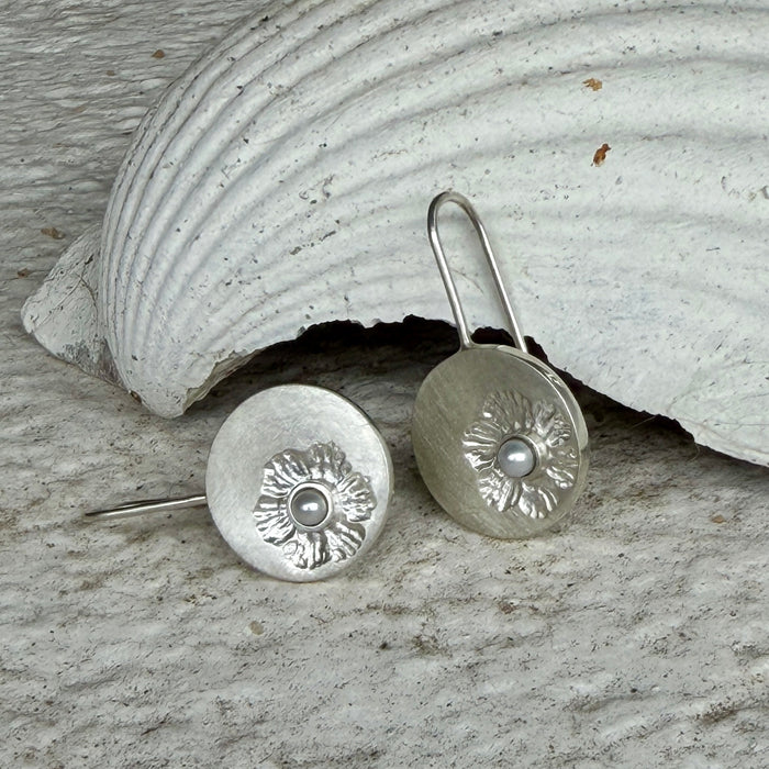Katheryn Leopoldseder vintage flower stamp earrings in grey pearl, alternate view