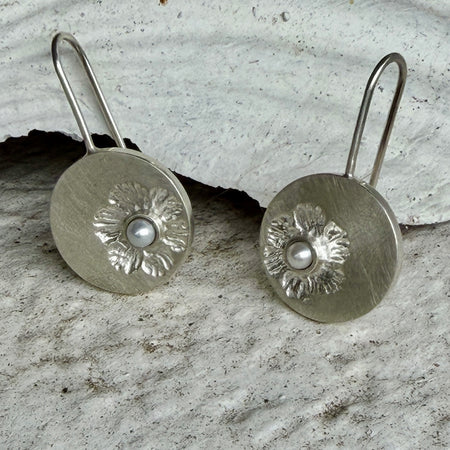 Katheryn Leopoldseder vintage flower stamp earrings in grey pearl