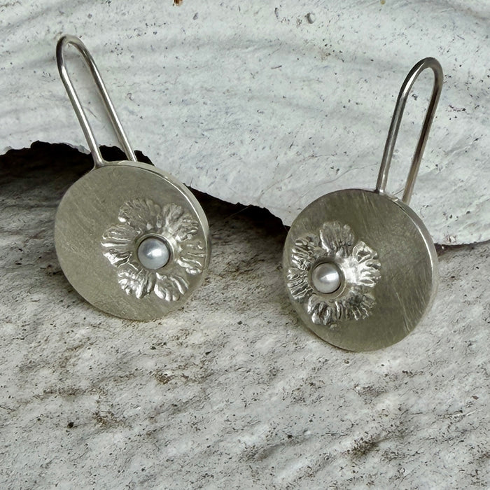 Katheryn Leopoldseder vintage flower stamp earrings in grey pearl