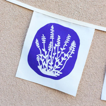 Kei and Molly garden delights bunting, detail of a purple lavender flag