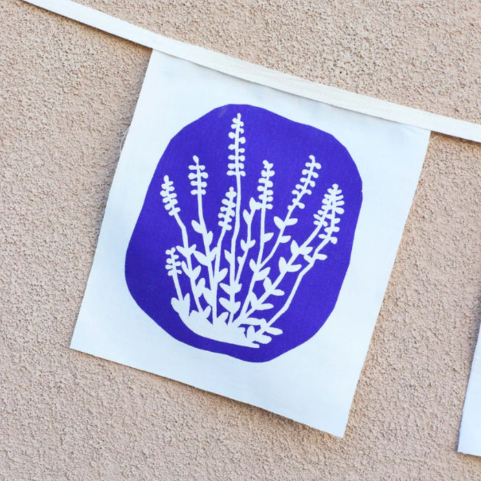 Kei and Molly garden delights bunting, detail of a purple lavender flag