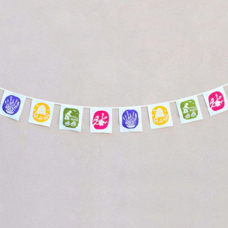 Kei and Molly garden delights flag set, hand-printed cotton bunting with colourful garden motifs