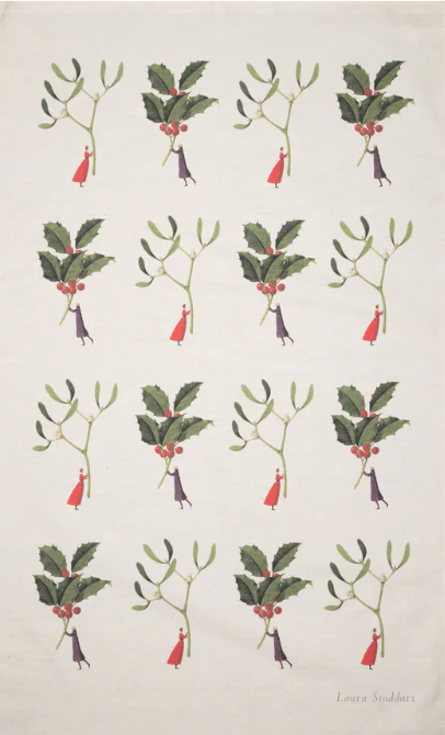 Laura Stoddart Christmas tea towel, holly and mistletoe design
