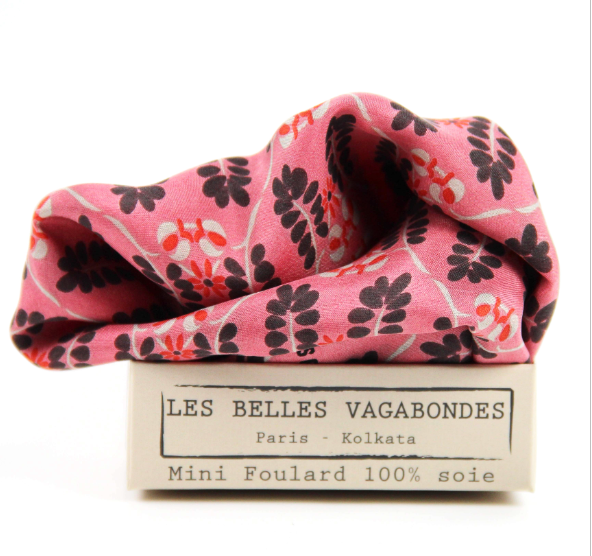 Les Belles Vagabondes Albertine mini silk scarf in rose pink with its gift box