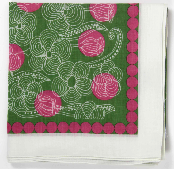 Les Belles Vagabondes Burma cotton square scarf, pink and green print, corner detail