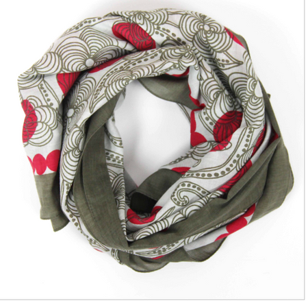 Les Belles Vagabondes Burma cotton square scarf, red and grey print with khaki border, coiled