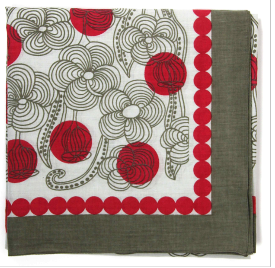 Les Belles Vagabondes Burma cotton square scarf, red and grey floral print, corner detail