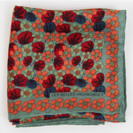 Les Belles Vagabondes Capucine silk scarf, red and orange flowers on sage green