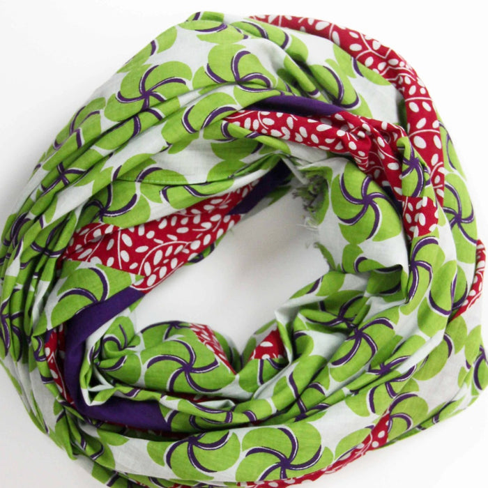 Les Belles Vagabondes large cotton scarf in green swirl print, loosely coiled