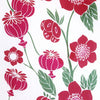 Detail of the Les Belles Vagabondes pink poppy print, red poppies and green leaves on white cotton