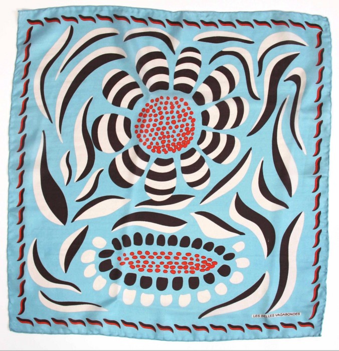 Les Belles Vagabondes Forget Me Not mini silk scarf, bold flower print on sky blue