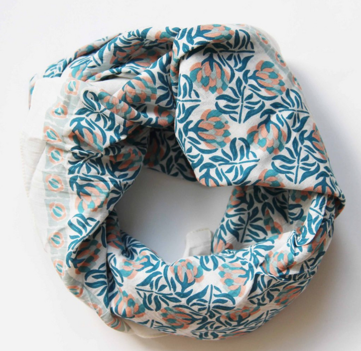 Les Belles Vagabondes Heidi cotton square scarf, blue floral print, coiled