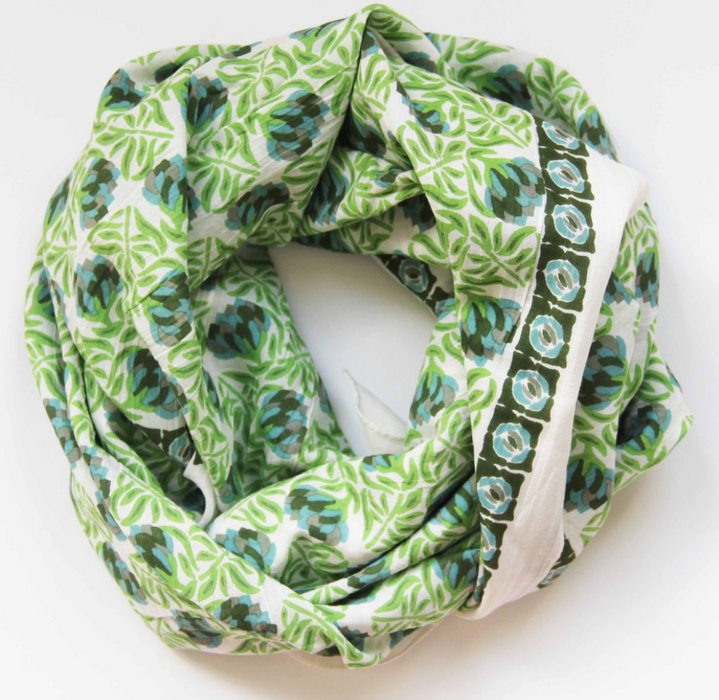 Les Belles Vagabondes Heidi cotton square scarf, green floral print, coiled