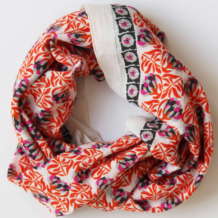 Les Belles Vagabondes Heidi cotton square scarf, orange floral print, coiled