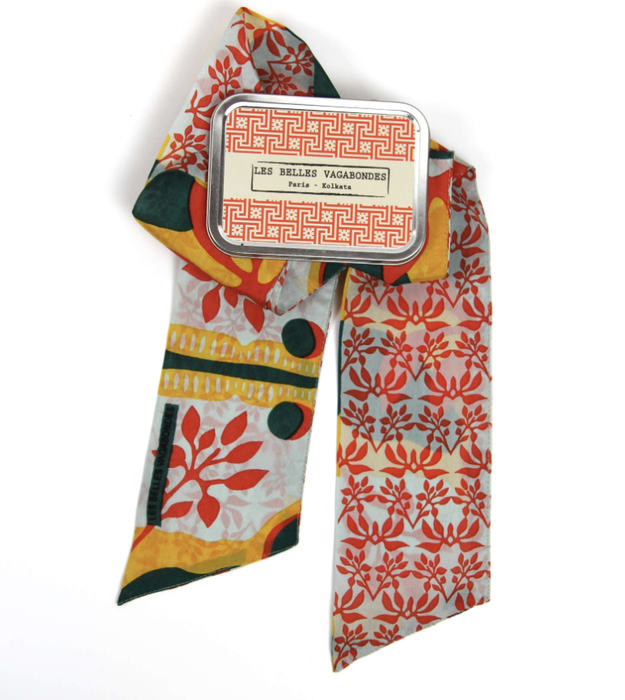 Les Belles Vagabondes Ivy silk bandeaus in yellow and coral with a gift tin