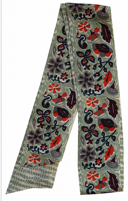 Les Belles Vagabondes Jardin Anglais silk bandeau, red and navy flowers on sage
