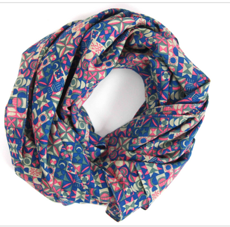 Les Belles Vagabondes Malmo cotton square scarf, blue and orange geometric print, coiled
