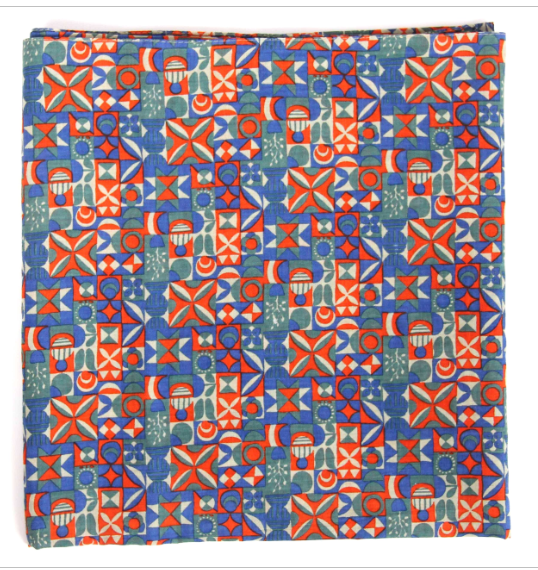 Les Belles Vagabondes Malmo cotton square scarf, blue and orange geometric print, flat lay
