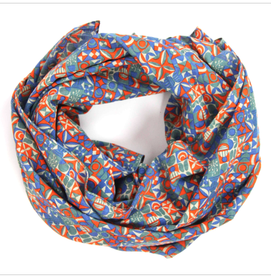 Les Belles Vagabondes Malmo cotton square scarf, blue geometric print, loosely twisted