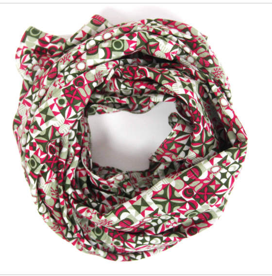 Les Belles Vagabondes Malmo cotton square scarf, pink, red and green print, coiled