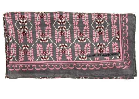 Les Belles Vagabondes Mini Albertine silk scarf, pink print on marron brown, folded