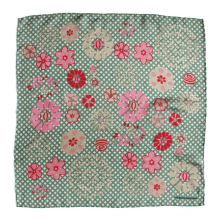 Les Belles Vagabondes mini shippo silk scarf in gris, pink flower print on sage green