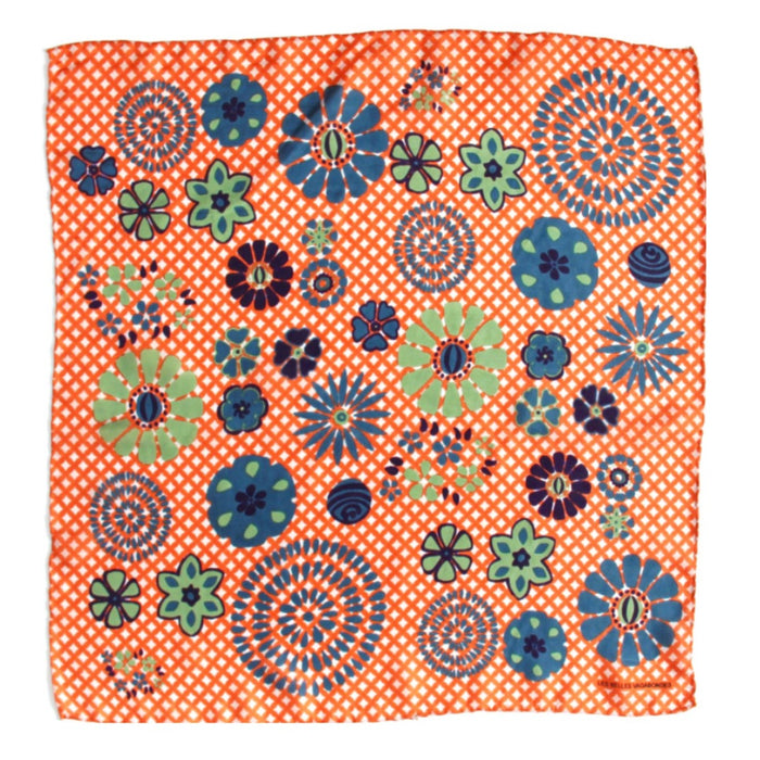 Les Belles Vagabondes mini shippo silk scarf in orange, flower circle print on gingham, laid flat