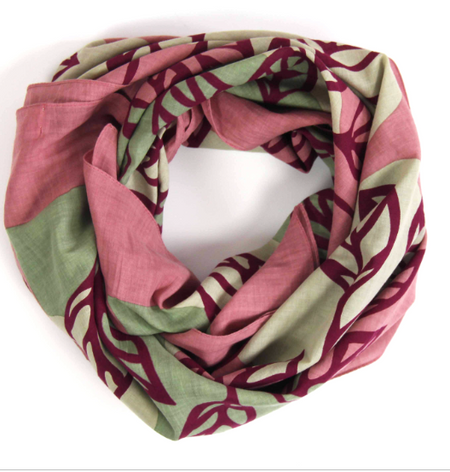 Les Belles Vagabondes Palenque cotton square scarf, rose pink and sage leaf print, coiled
